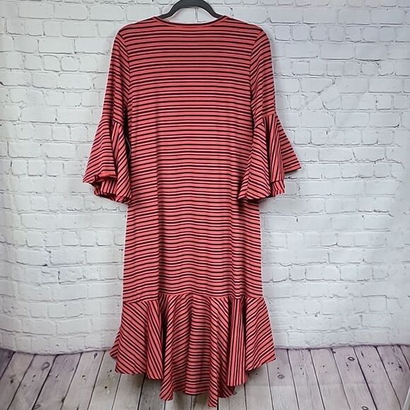 NWT LuLaRoe Maurine Dress XL 14/16 Red Stripe Bell Sleeve Ruffle Shift Swing - Picture 11 of 11
